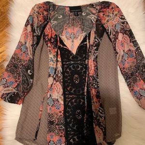 Cynthia Rowley Paisley Lace Black and Red 3/4 sleeve Shirt top